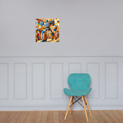 Vibrant Ukrainian Transformer poster displayed above a modern teal chair in a stylish room.