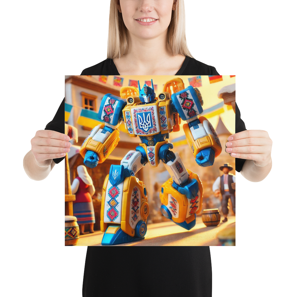 Ukrainian Transformer Poster with Glossy Matte Design, Durable 10 Mil Paper, Held by a Woman