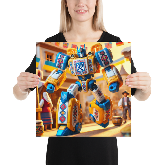 Ukrainian Transformer Poster with Glossy Matte Design, Durable 10 Mil Paper, Held by a Woman