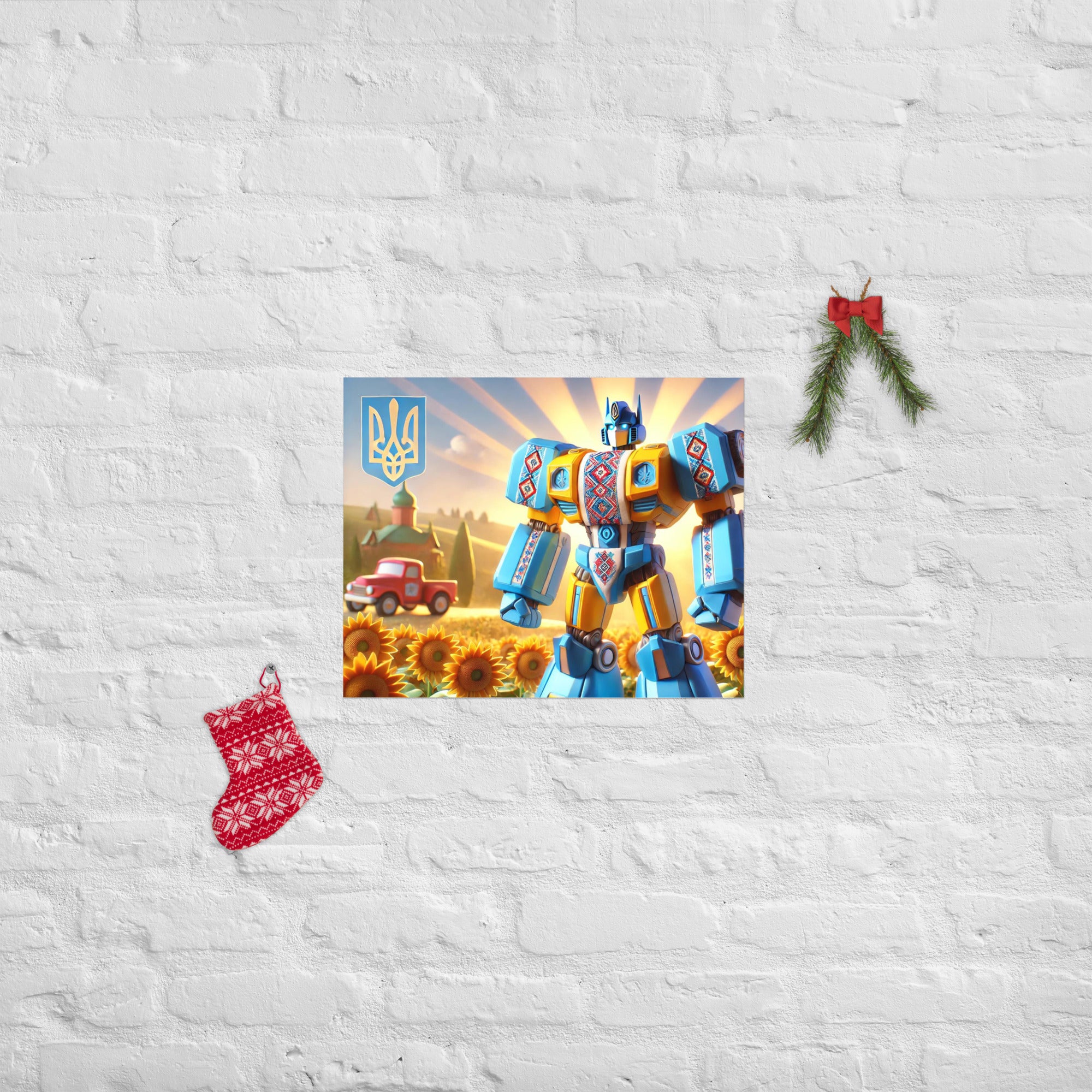 Ukrainian Transformer artwork poster on brick wall with holiday decor, featuring vibrant sunflower field and car in the background.