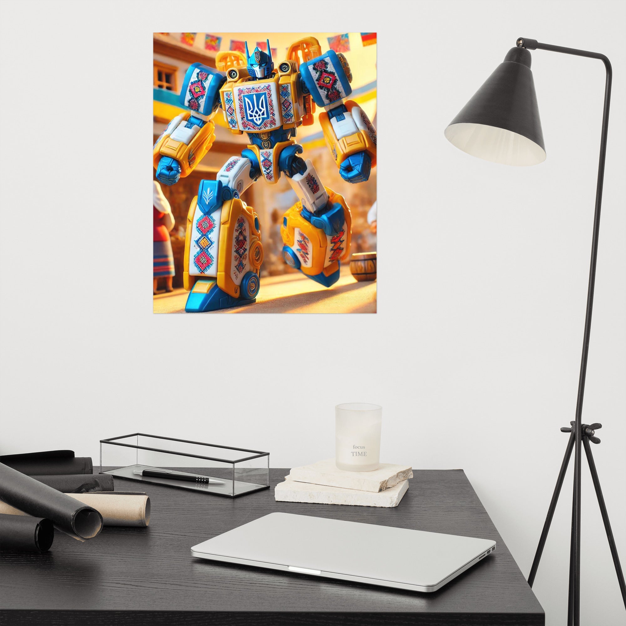 Ukrainian Transformer poster on an office wall, featuring a colorful design with a mix of glossy and matte finishes for modern décor.