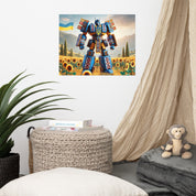 Ukrainian Transformer poster in a stylish room with sunflowers, adding a touch of sophistication and durability with a glossy and matte finish.