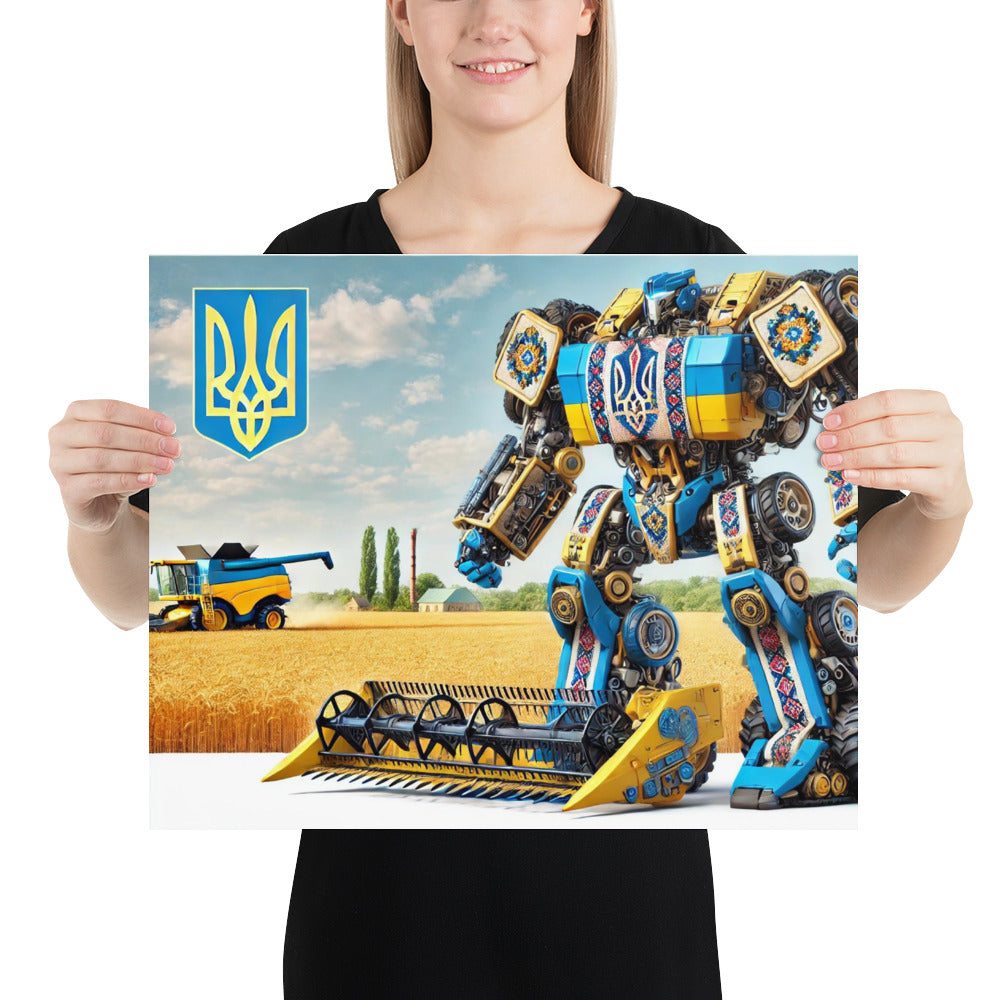 Woman holding Ukrainian Transformer poster with bold design and cultural elements, featuring glossy and matte finishes, in a rural background.