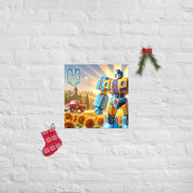 Ukrainian Transformer artwork poster with bold colors, featuring a robot and sunflowers, with a holiday-themed wall decoration.