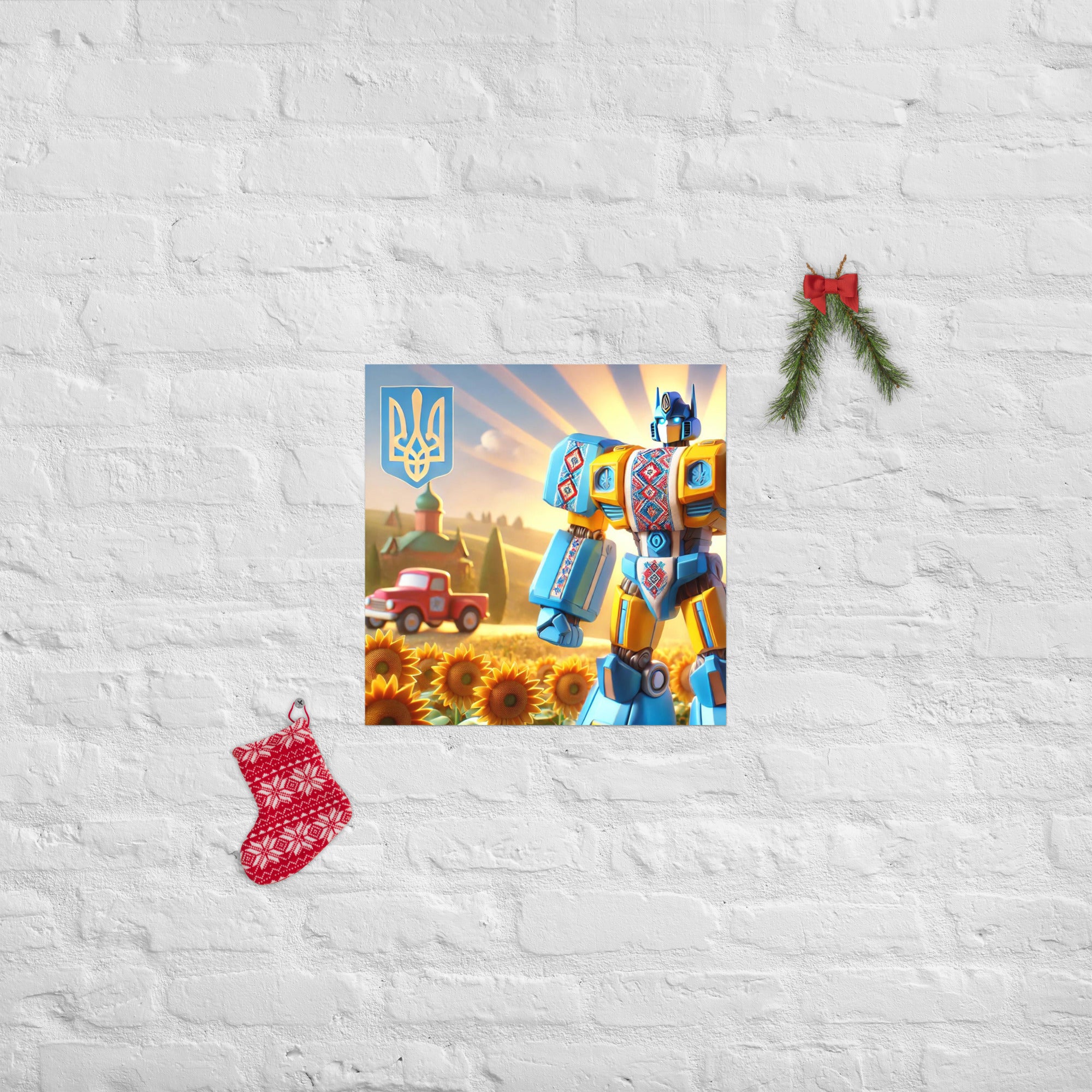 Ukrainian Transformer artwork poster with bold colors, featuring a robot and sunflowers, with a holiday-themed wall decoration.