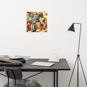 Ukrainian Transformer poster displayed above a modern office desk with a lamp.