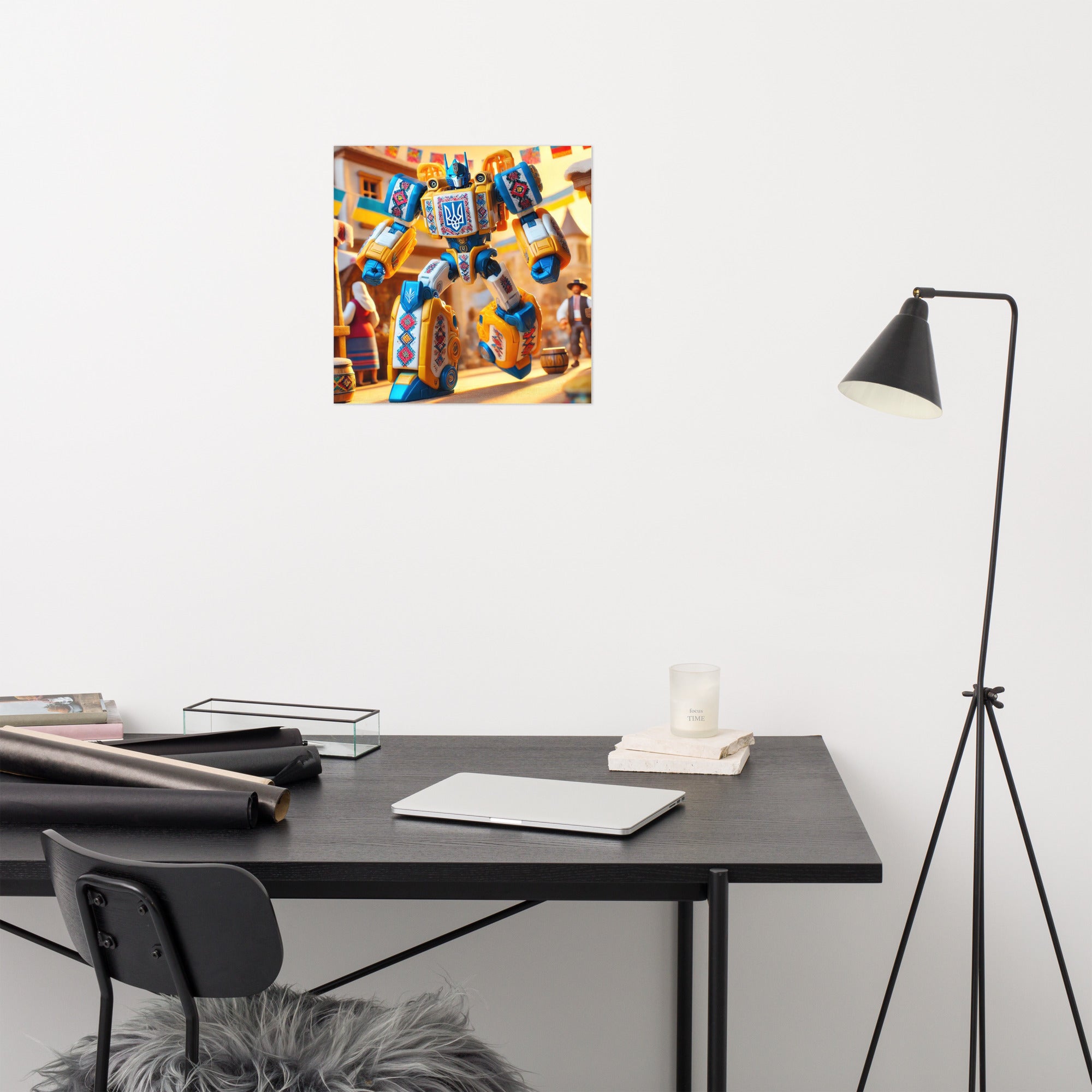 Ukrainian Transformer poster displayed above a modern office desk with a lamp.
