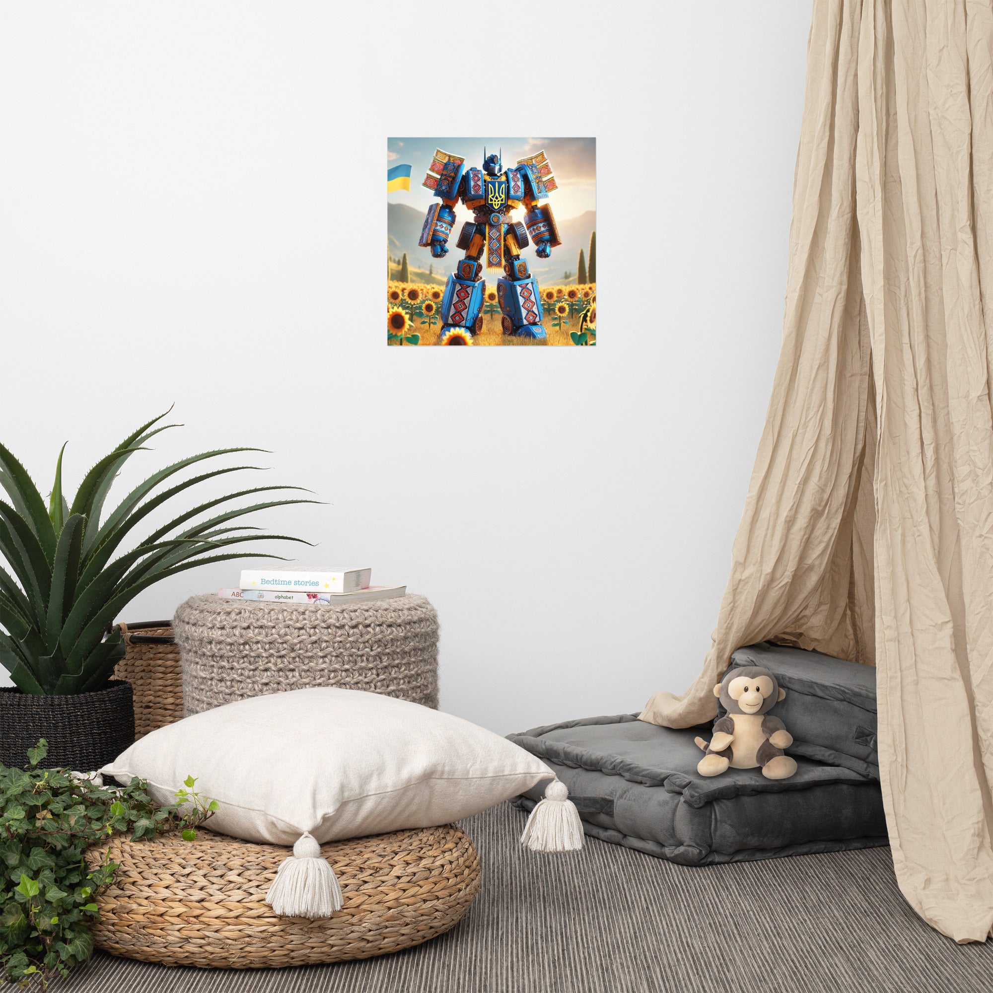 Ukrainian Transformer poster in stylish room with plants and cushions, featuring a dynamic robot design with a sunny background.