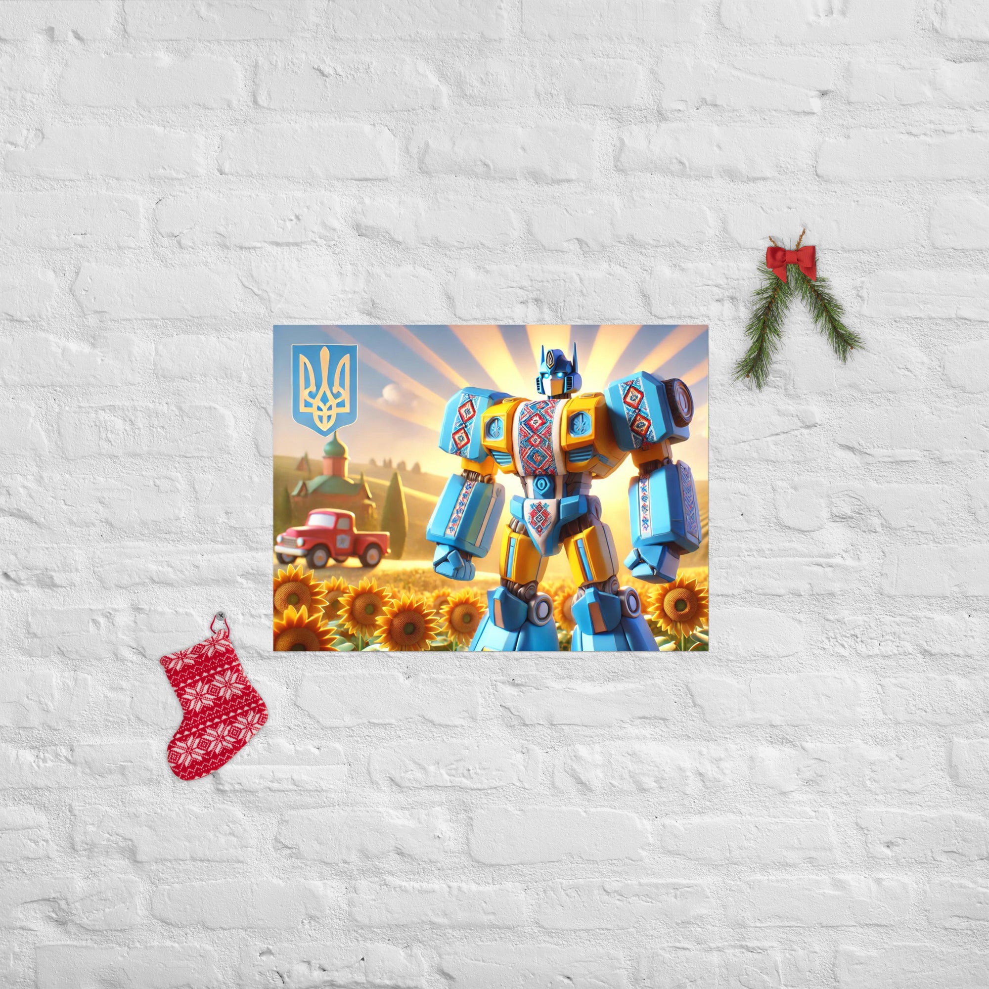 Ukrainian Transformer artwork poster on white brick wall with holiday decor, featuring a robot in a sunflower field.