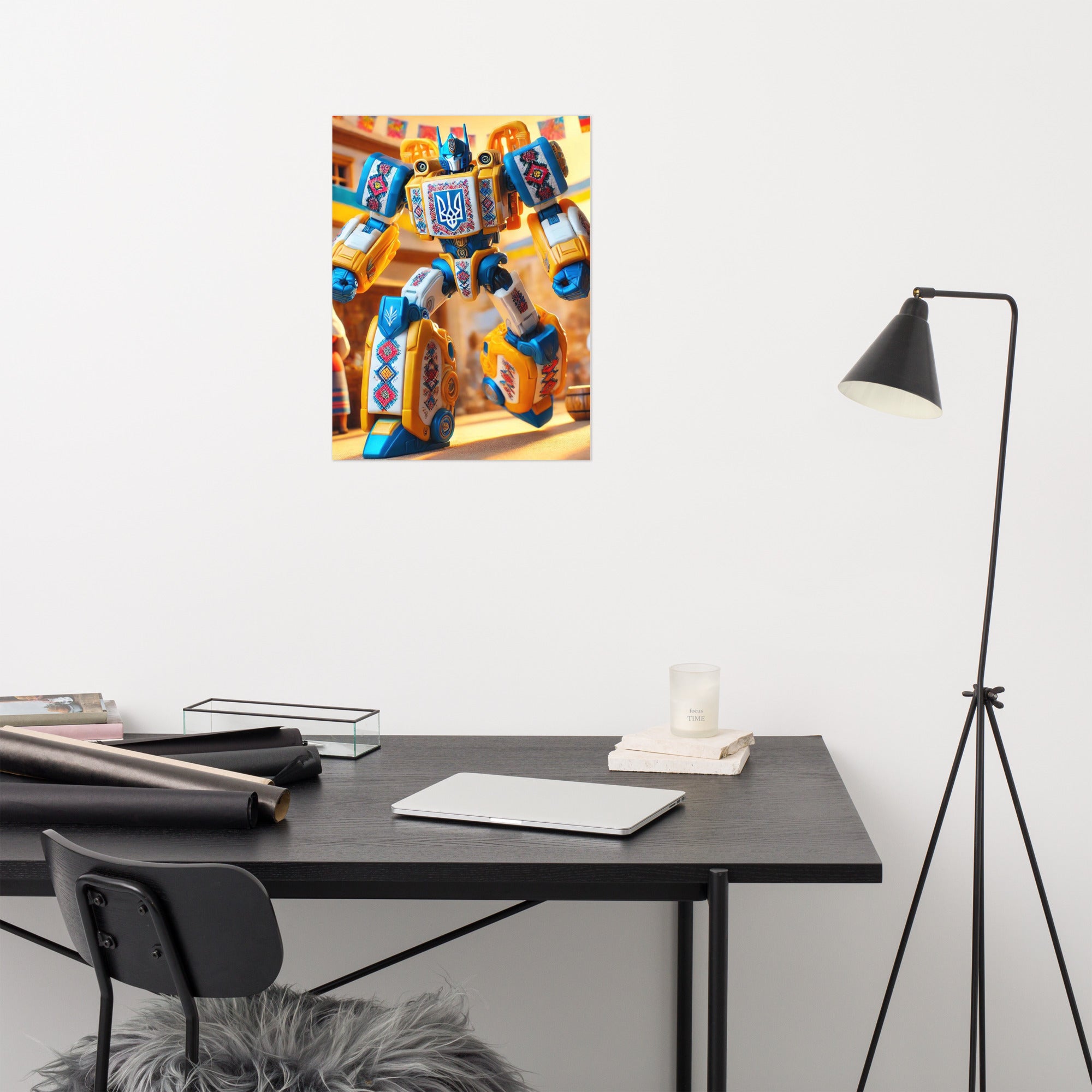 Ukrainian Transformer poster on wall, bright design in modern office setting
