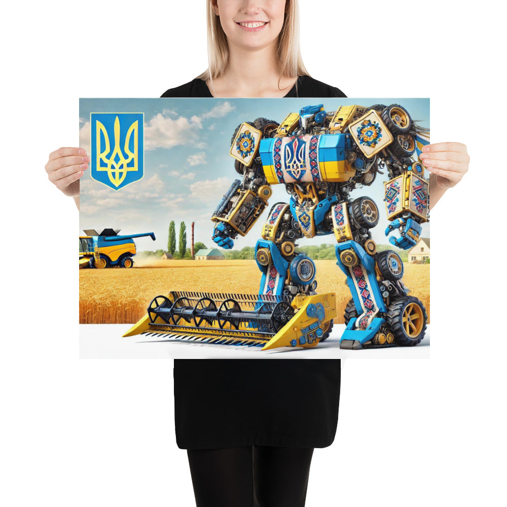Woman holding Ukrainian Transformer poster with bold design and national emblem, glossy matte finish, 10 mil thick fingerprint-resistant paper.