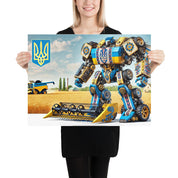 Woman holding Ukrainian Transformer poster with bold design and national emblem, glossy matte finish, 10 mil thick fingerprint-resistant paper.