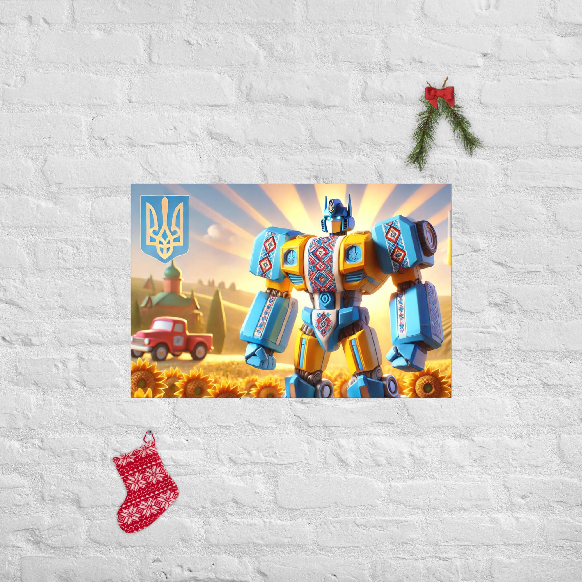 Ukrainian Transformer artwork poster with vibrant colors, featuring sunflowers and a traditional design on a white brick wall.