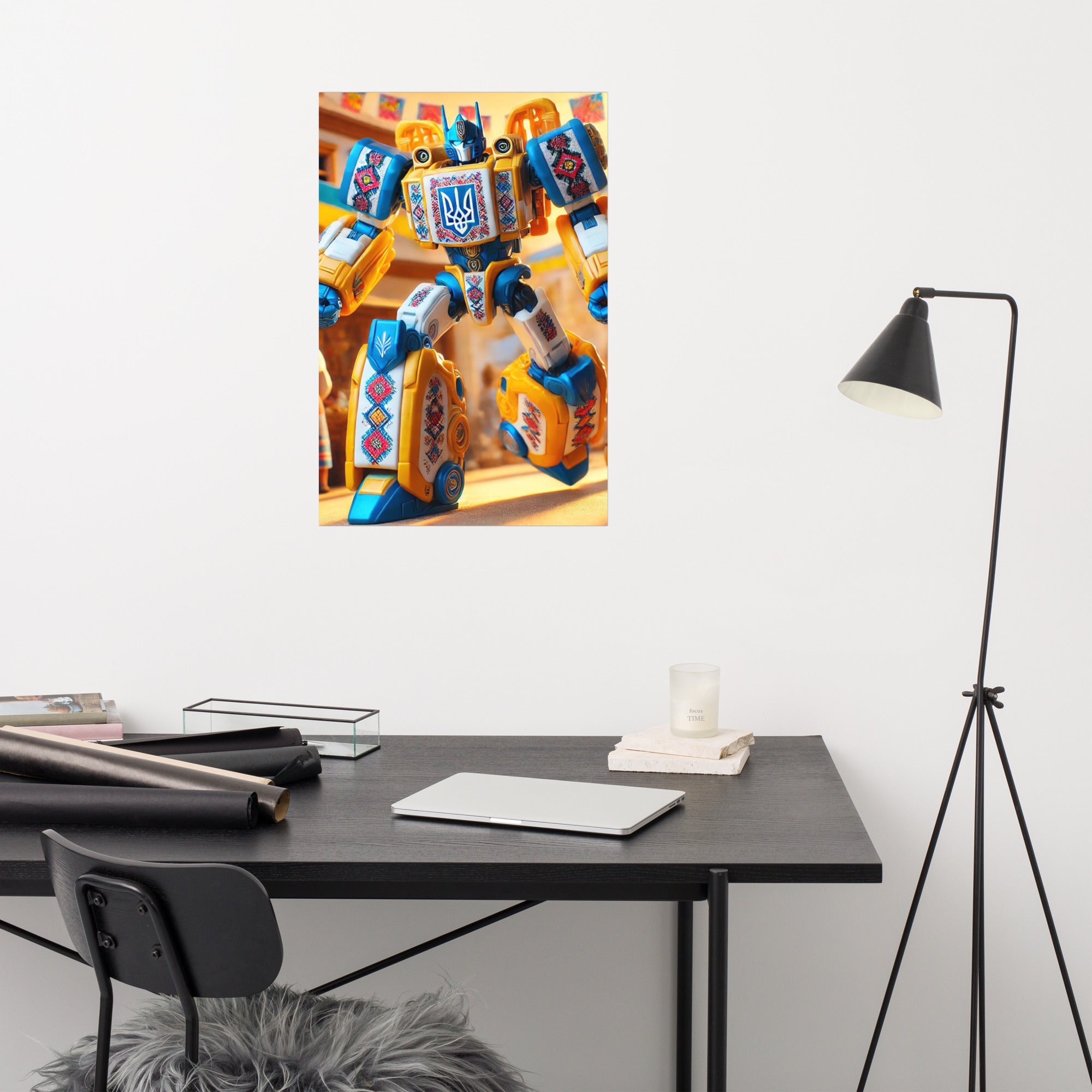 Ukrainian Transformer poster in matte and glossy finish on wall above modern desk setup.