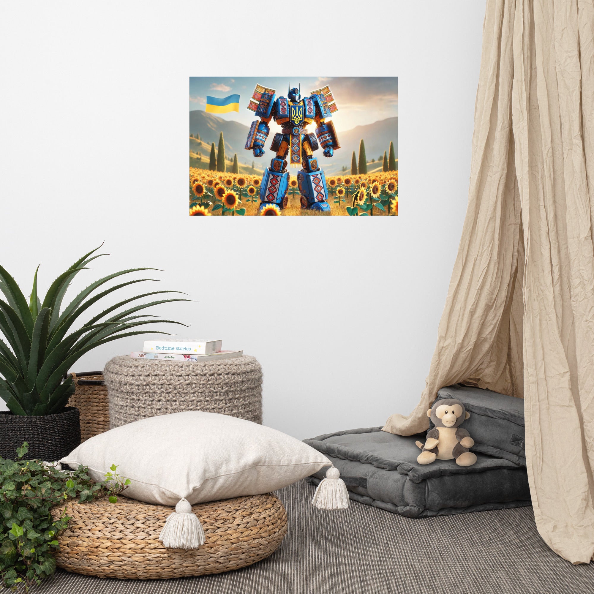 Ukrainian Transformer poster on wall, adding sophistication and style to a cozy room with plants and cushions.