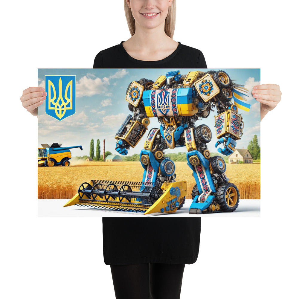 Ukrainian Transformer poster in vibrant colors, featuring a robot design with cultural motifs, held against a scenic backdrop.