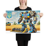 Ukrainian Transformer poster in vibrant colors, featuring a robot design with cultural motifs, held against a scenic backdrop.