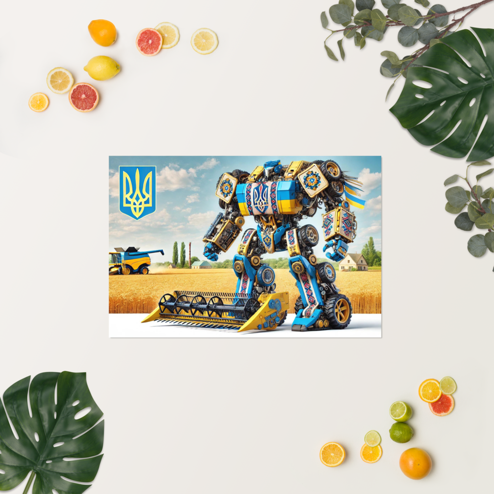 Ukrainian Transformer Poster with bold colors and cultural motifs, set in a vibrant field, featuring stylish and modern design.