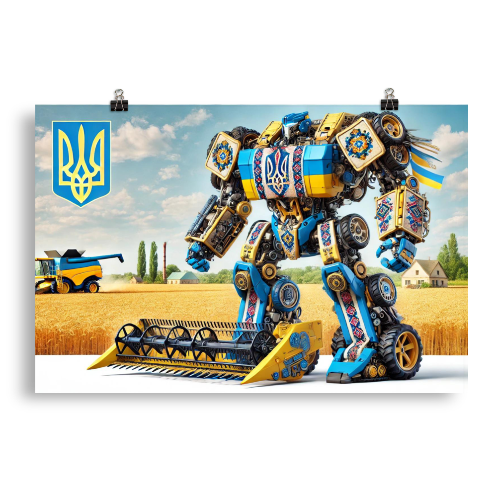Ukrainian Transformer poster with vibrant robot in a field, showcasing modern style and culture.