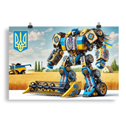 Ukrainian Transformer poster with vibrant robot in a field, showcasing modern style and culture.