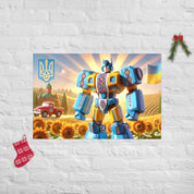 Ukrainian Transformer artwork poster with vibrant sunflowers, national colors, and tractor, perfect for bold home decor.