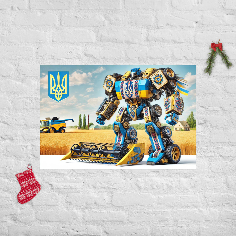 Ukrainian Transformer poster with bold design in a wheat field, featuring glossy and matte finishes on durable 10 mil paper.