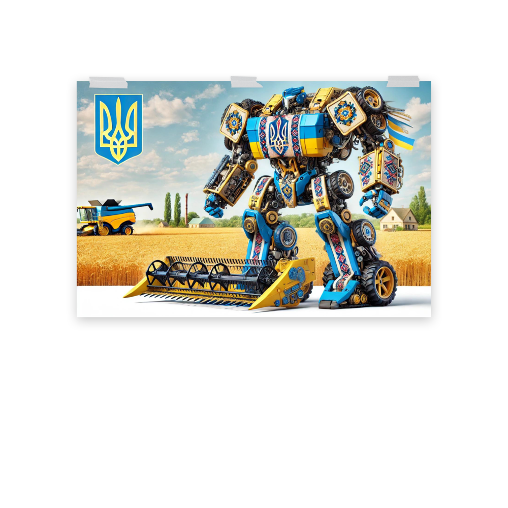 Ukrainian Transformer poster with bold design, showcasing traditional symbols and vivid colors in a rural landscape setting.