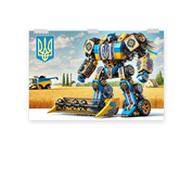 Ukrainian Transformer poster with bold design, showcasing traditional symbols and vivid colors in a rural landscape setting.
