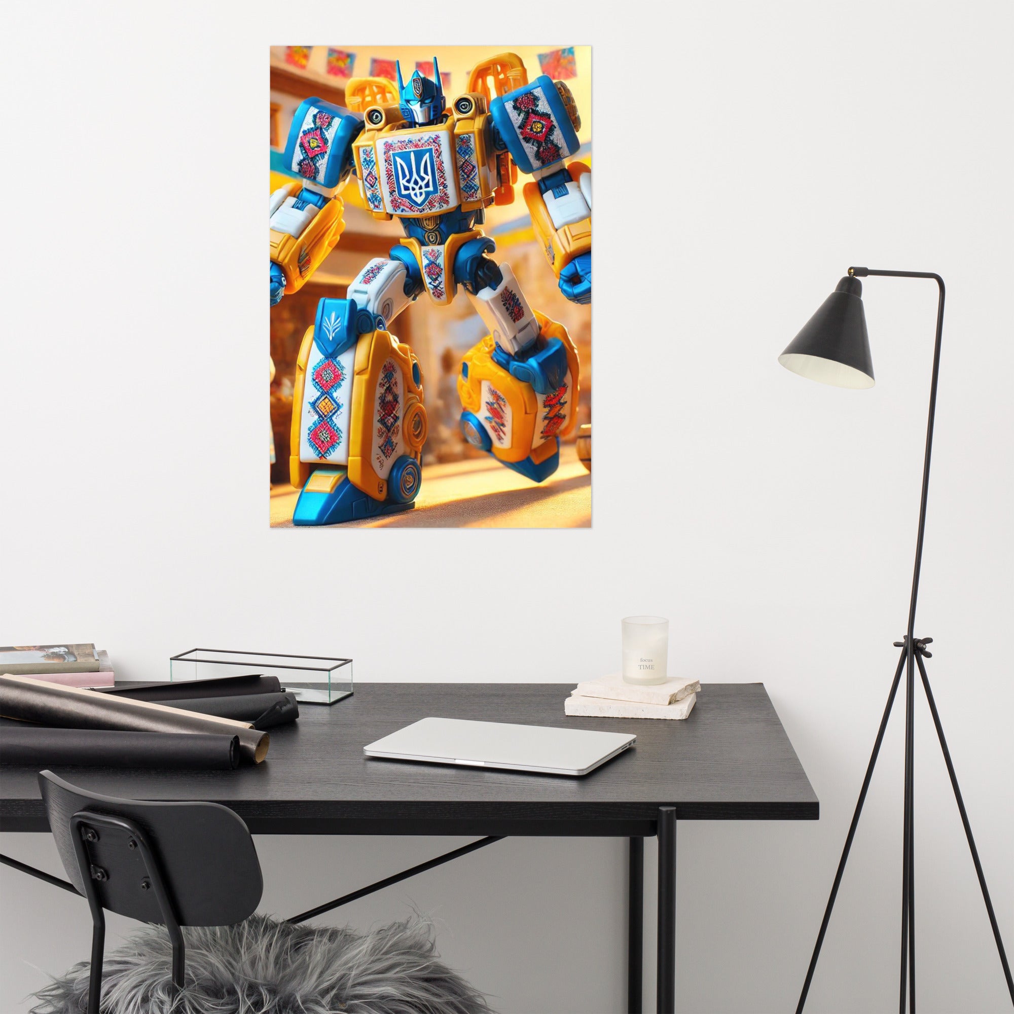Ukrainian Transformer poster in modern office with glossy and matte finishes, enhancing room décor with vibrant and durable design.