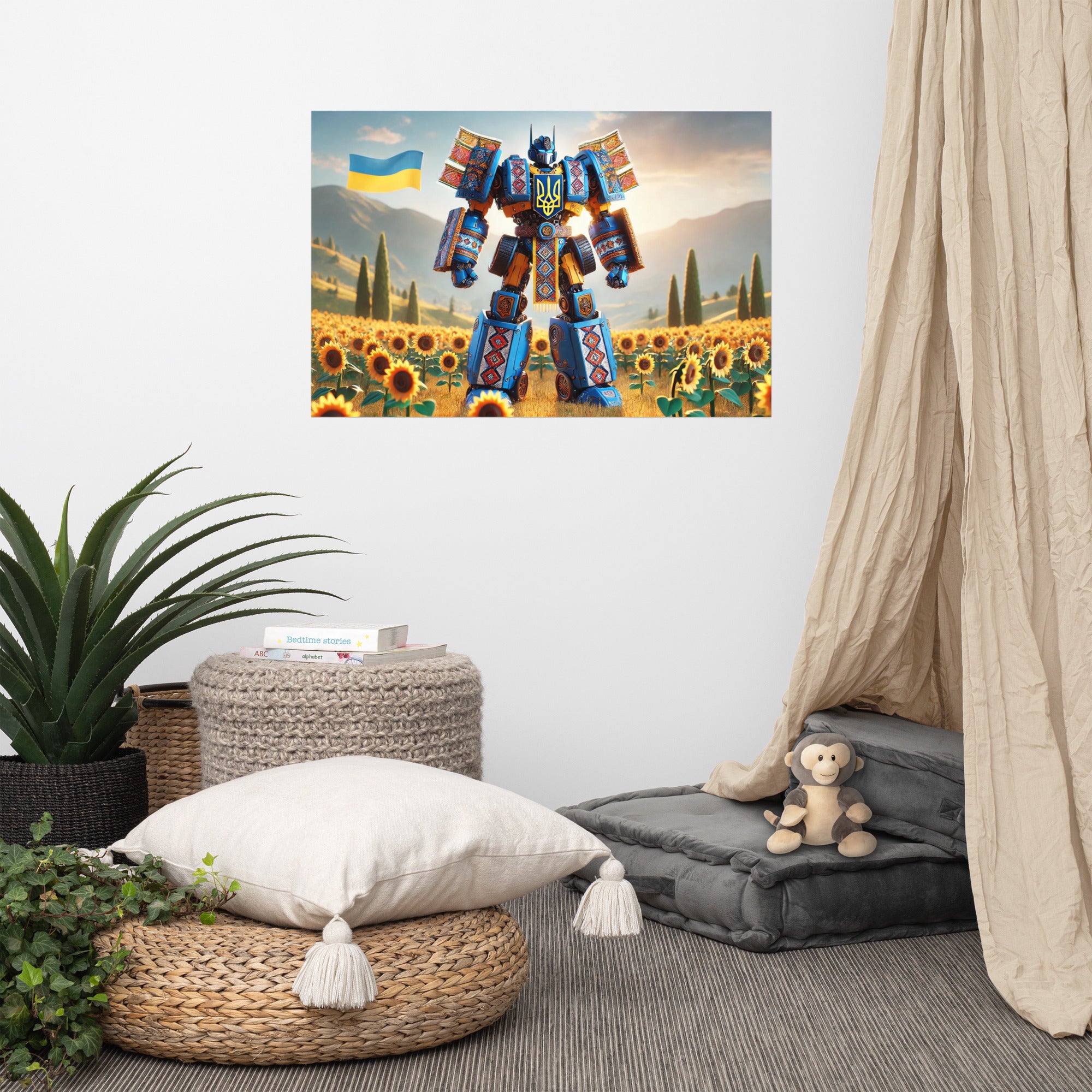 Ukrainian Transformer poster on wall, featuring a robot in sunflower field with flag, adding style and sophistication to room.