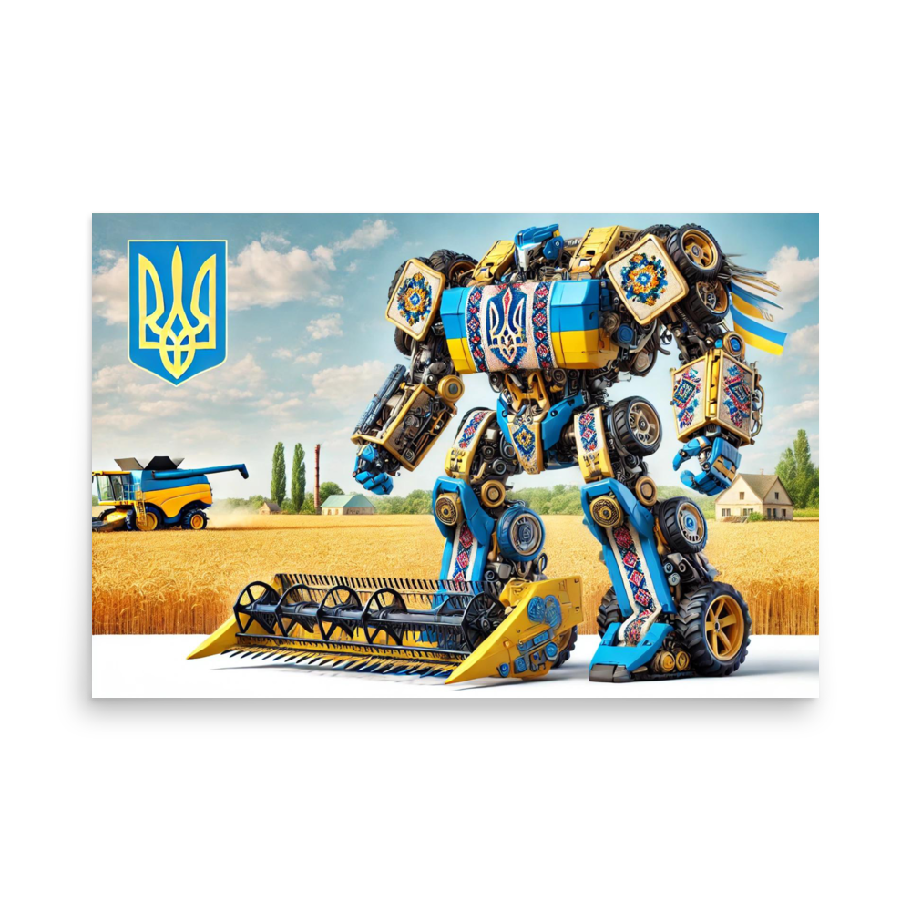 Ukrainian Transformer poster with bold design in blue and yellow, featuring a robot in a wheat field, showcasing modern Ukrainian culture.
