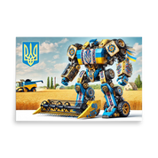 Ukrainian Transformer poster with bold design in blue and yellow, featuring a robot in a wheat field, showcasing modern Ukrainian culture.