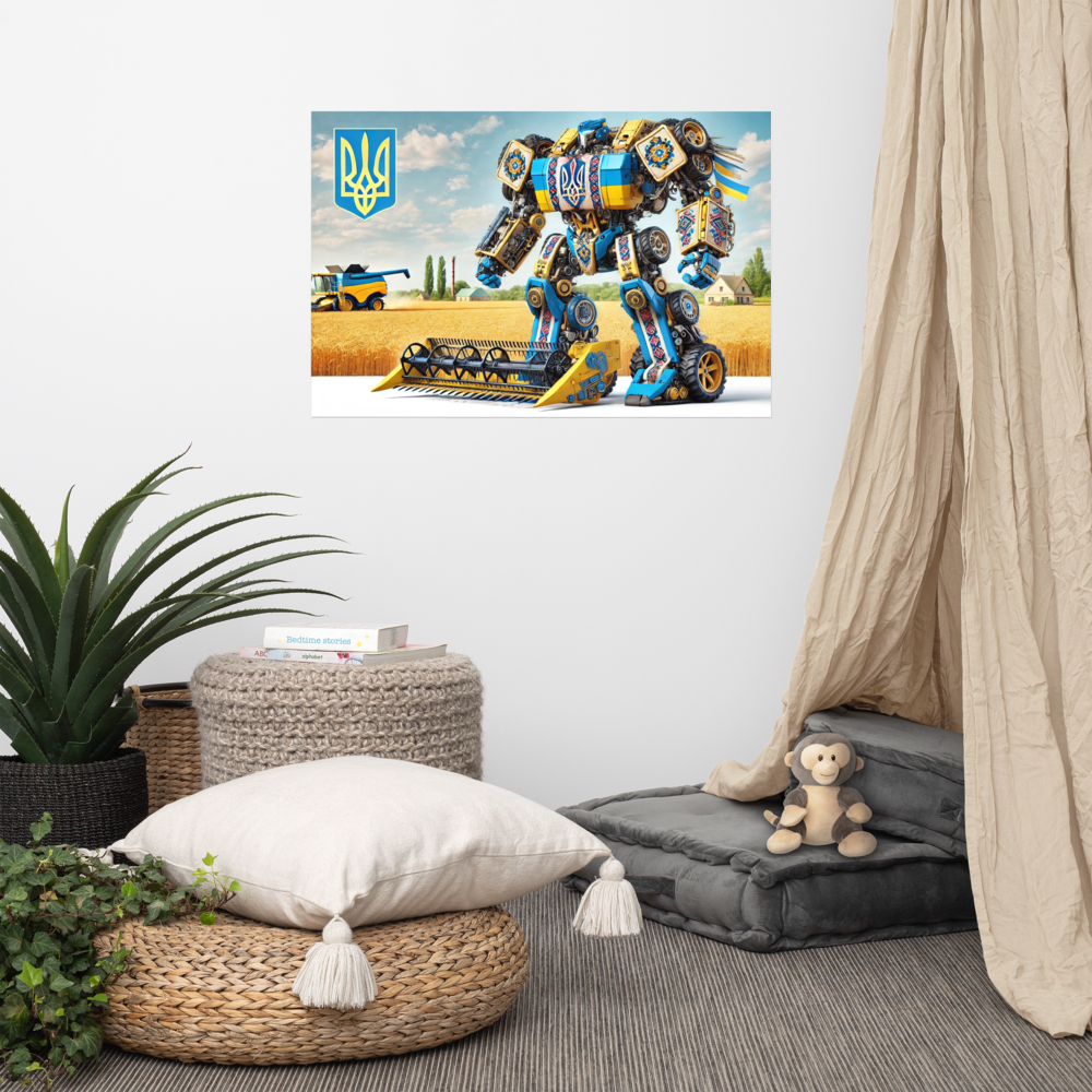 Ukrainian Transformer poster on wall, modern room decor with cushions and plants, featuring glossy and matte finishes for cultural flair.