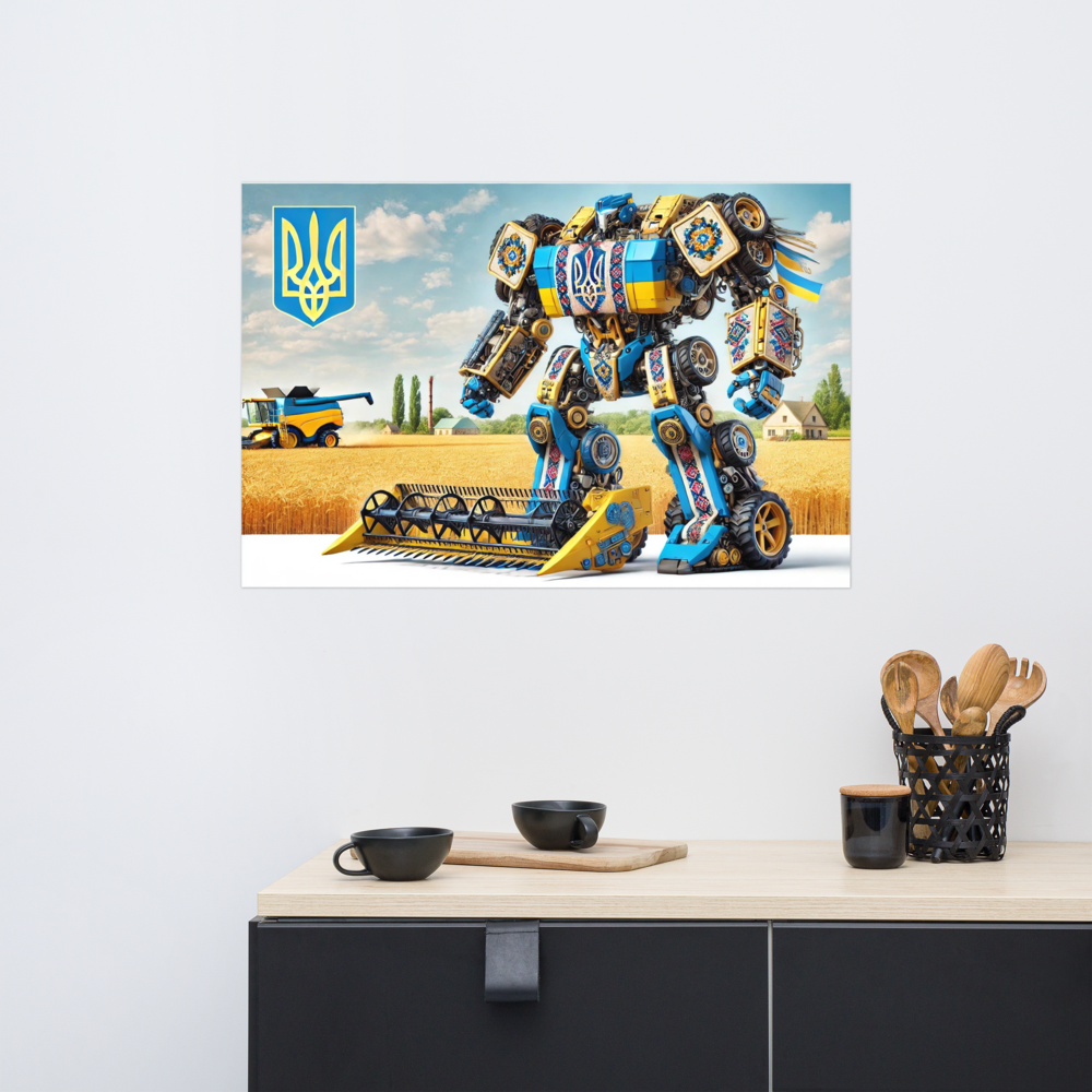 Ukrainian Transformer poster with bold design and national symbol, displayed above a sleek modern shelf in a stylish room setting.