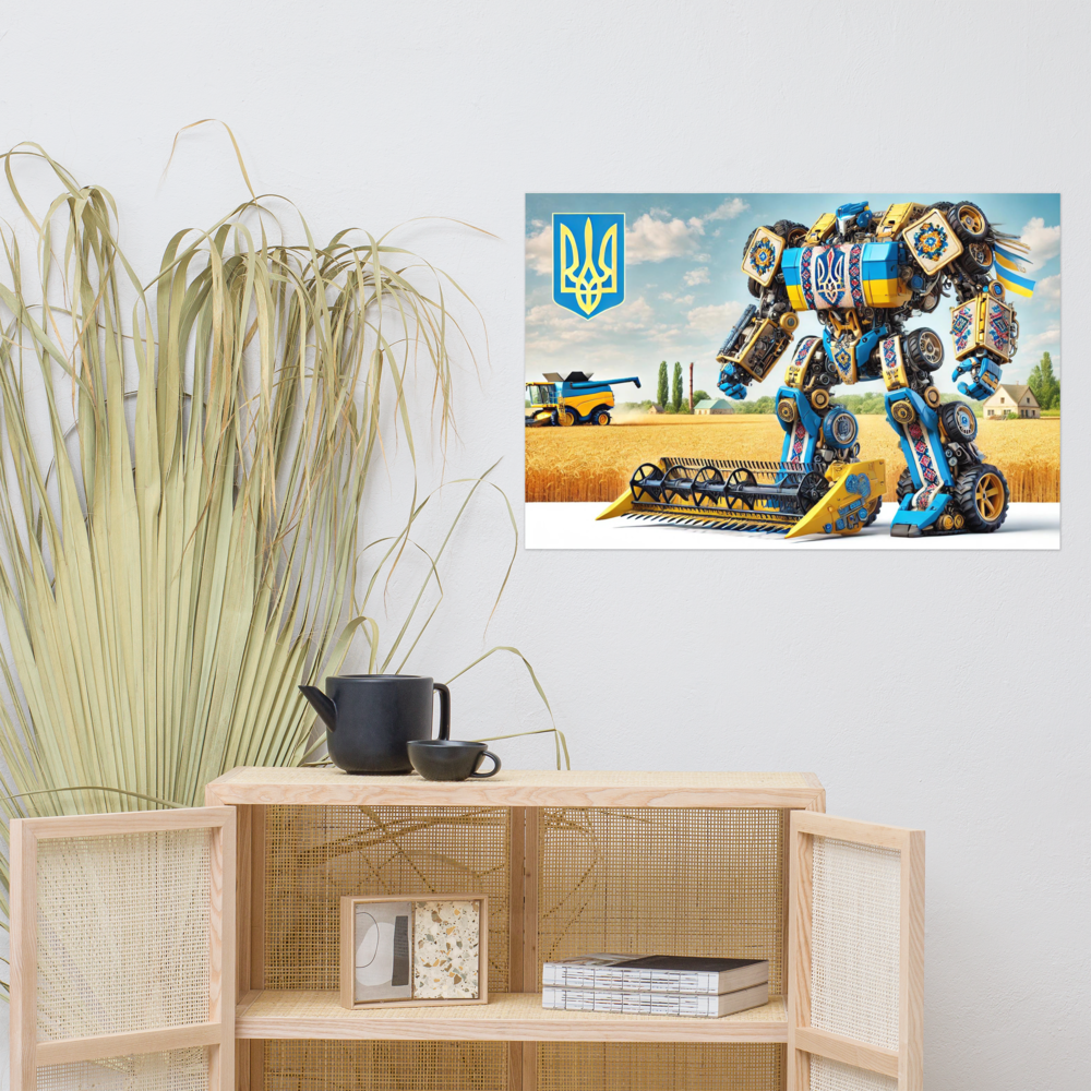 Ukrainian Transformer poster in modern room, featuring vibrant robot design with blue and yellow hues and national emblem.
