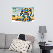 Ukrainian Transformer poster on a living room wall adds modern style and culture, crafted on durable paper with glossy and matte finishes.