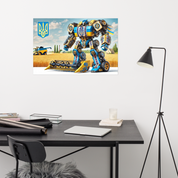 Ukrainian Transformer poster on wall above desk, showcasing bold colors and modern design, 10 mil thick paper, fingerprint-resistant finish.
