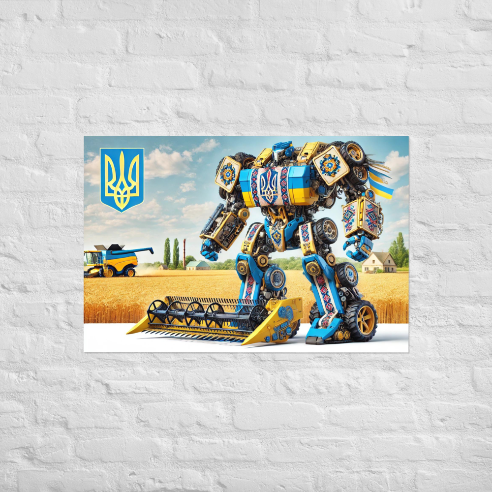 Ukrainian Transformer poster featuring a robot in a wheat field with national symbols, on glossy and matte finish, 10 mil thick paper.