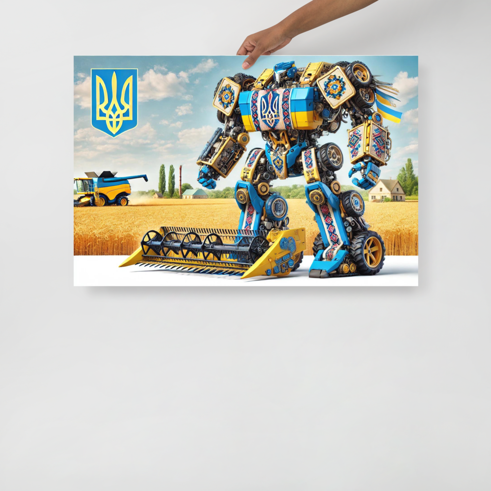 Ukrainian Transformer Poster with farmland background and blue-yellow design, held by hand, showcasing cultural art and vibrant energy.