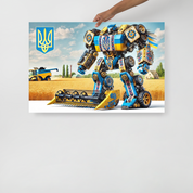 Ukrainian Transformer Poster with farmland background and blue-yellow design, held by hand, showcasing cultural art and vibrant energy.
