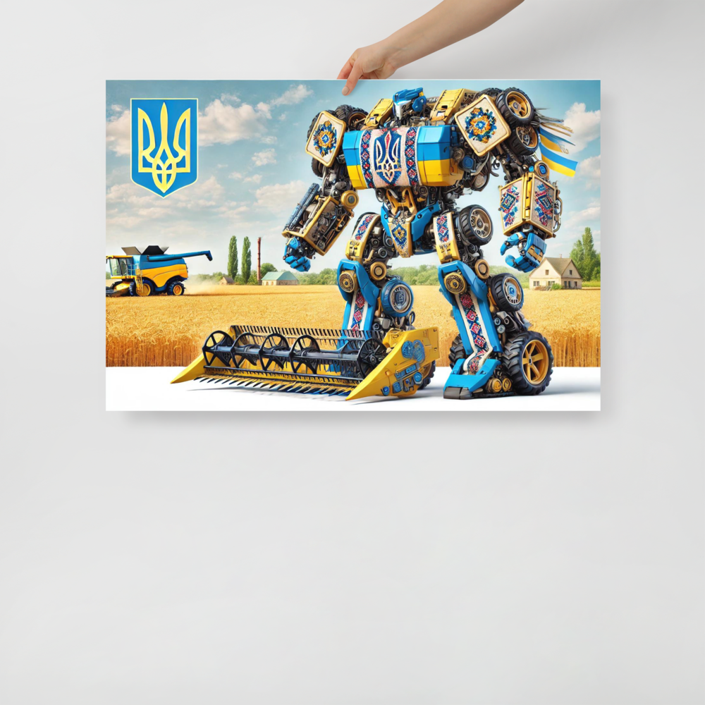 Vibrant Ukrainian transformer poster featuring a robotic figure and emblem, set against a rural landscape with fields and blue skies.