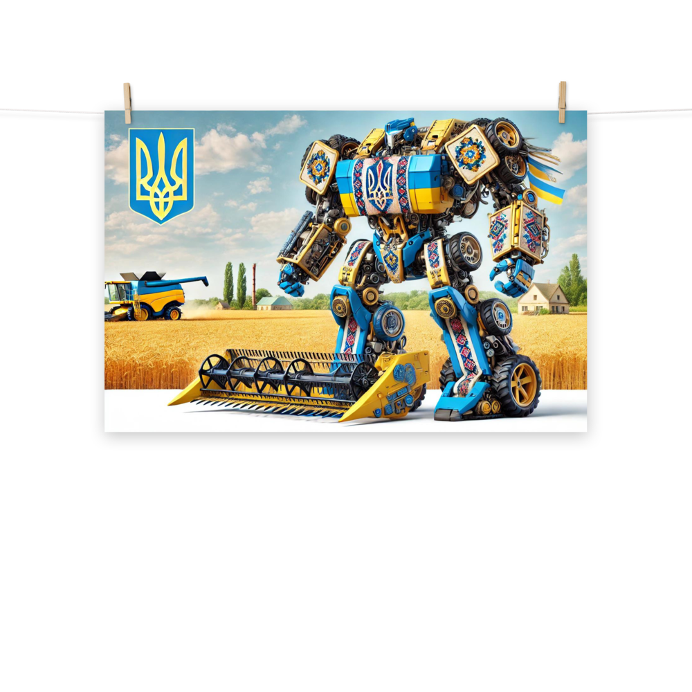 Ukrainian Transformer poster with modern robot in a wheat field, featuring a blend of glossy and matte finishes.