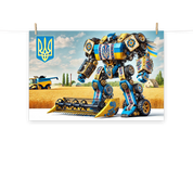 Ukrainian Transformer poster with modern robot in a wheat field, featuring a blend of glossy and matte finishes.