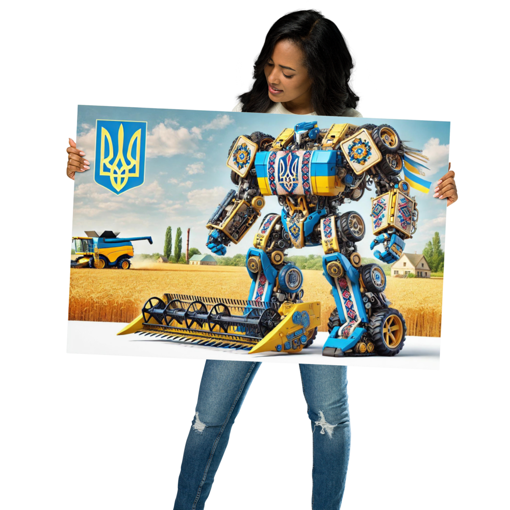 Woman holding Ukrainian Transformer poster with bold design, set against a field and blue sky background.