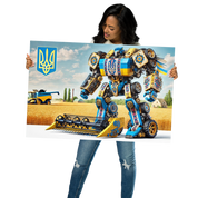 Woman holding Ukrainian Transformer poster with bold design, set against a field and blue sky background.