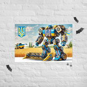 Ukrainian Transformer poster with cultural motifs on a white brick wall, blending modern style and energy.