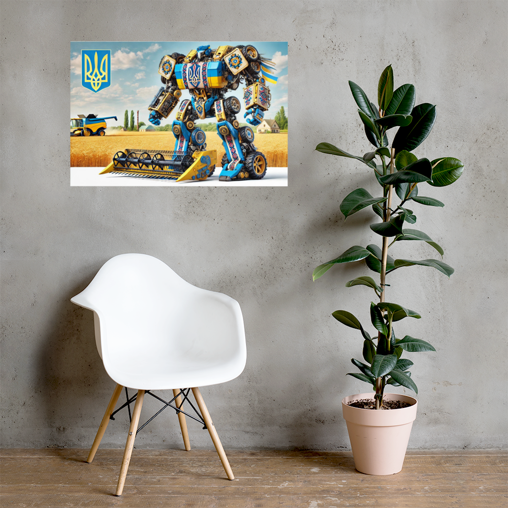 Ukrainian Transformer poster on wall near white chair and plant, featuring modern design and bold energy.