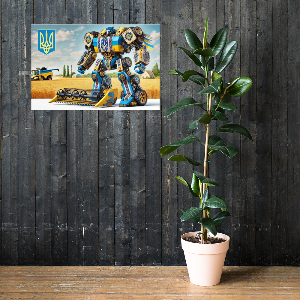 Ukrainian Transformer poster on wood wall, featuring bold colors and modern design, next to a potted plant for stylish decor.