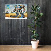 Ukrainian Transformer poster on wood wall, featuring bold colors and modern design, next to a potted plant for stylish decor.
