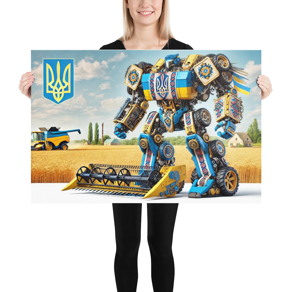 Ukrainian Transformer poster with bold colors, featuring glossy and matte finishes, held by woman in front of a wheat field background.